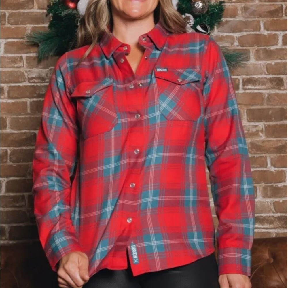NWT Dixxon Jingle Bells Flannel Red Green Xmas Button Down Plaid Women Medium